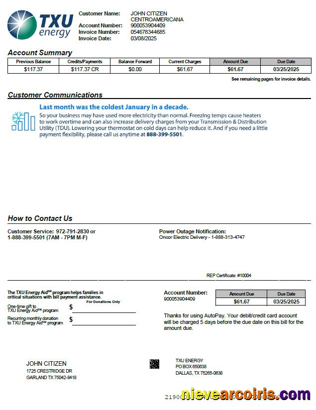 USA TXU Energy utility bill, version 4